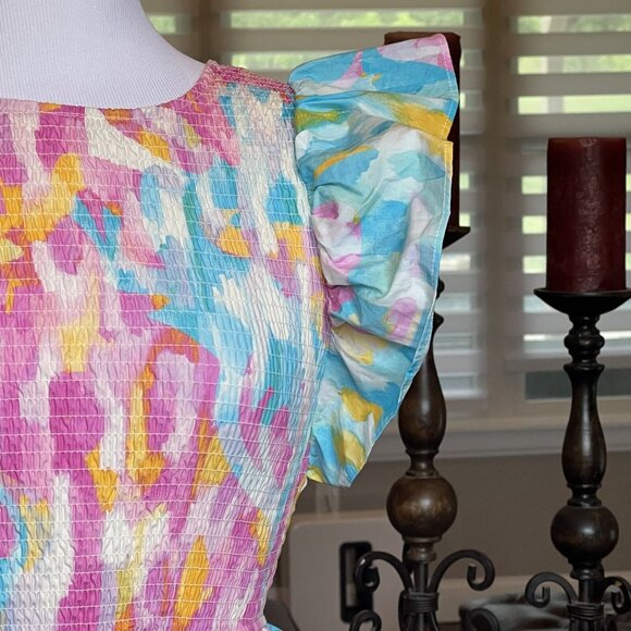 NWT Peach Love Dress Size Small Pink Blue White Floral Smocked Ruffle Maxi Midi - Picture 3 of 16